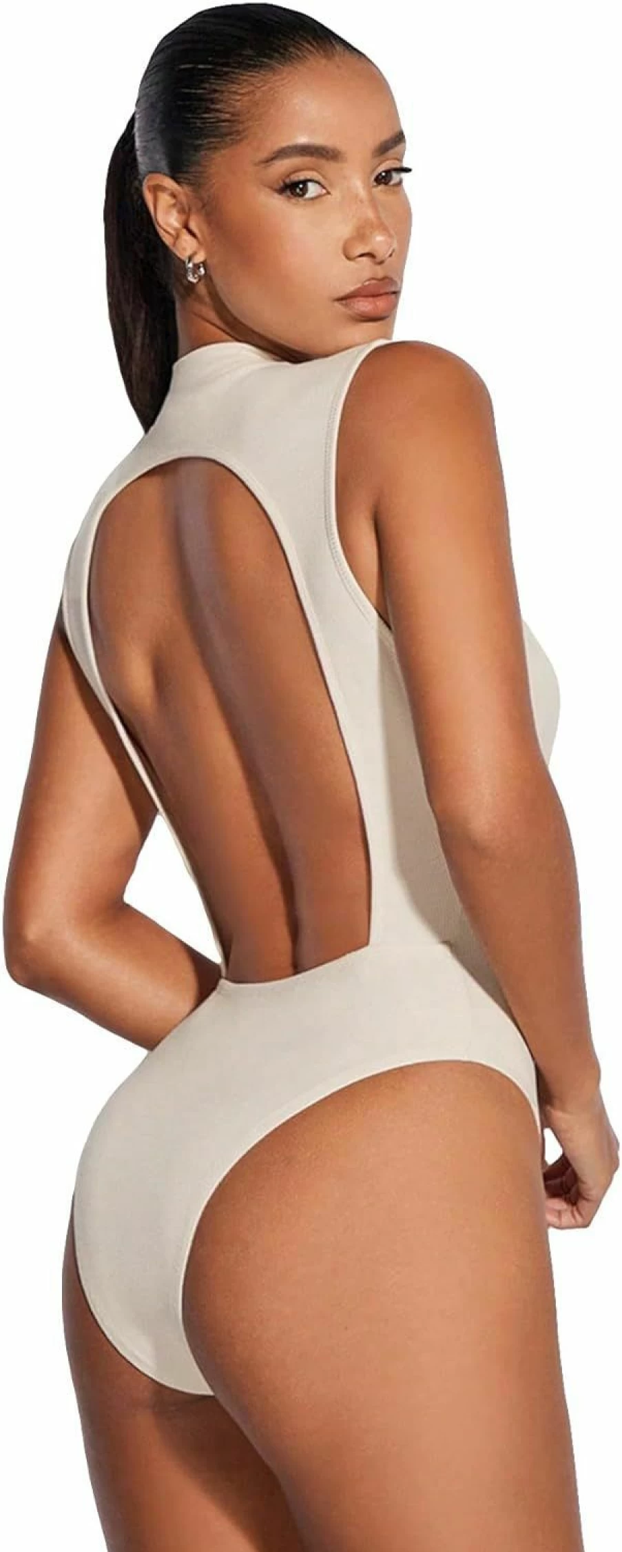 GORGLITTER Women's Backless Mock Neck Sleeveless Bodysuit - Sexy Cutout Knit Tank Top for Going Out