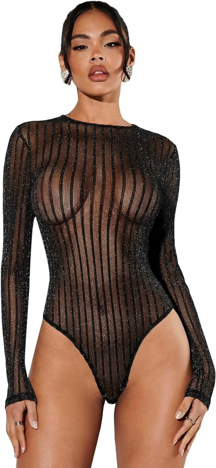WDIRARA Women's Sexy Mesh Long Sleeve Bodysuit - Sheer Fitted Party Top in Black Size M