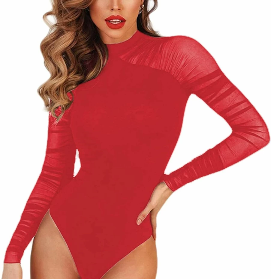 Remidoo Women's Mock Neck Ruched Mesh Long Sleeve Bodysuit - Sheer Elegant Tops for Women
