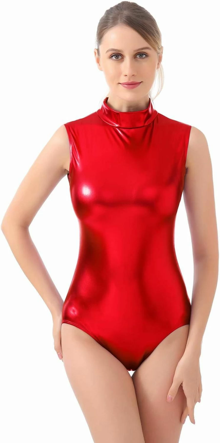Kepblom Women's Sparkly Metallic Leotard - Sleeveless Turtleneck Bodysuit for Dance & Performance