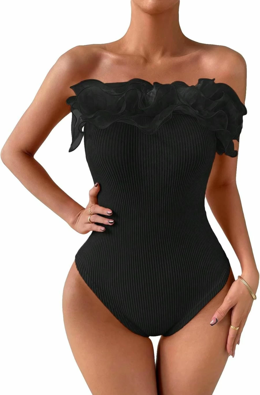 SHENHE Women's Ribbed Strapless Tube Top - Cute Fitted Knit Bodysuit with Ruffle Trim for Summer Fashion