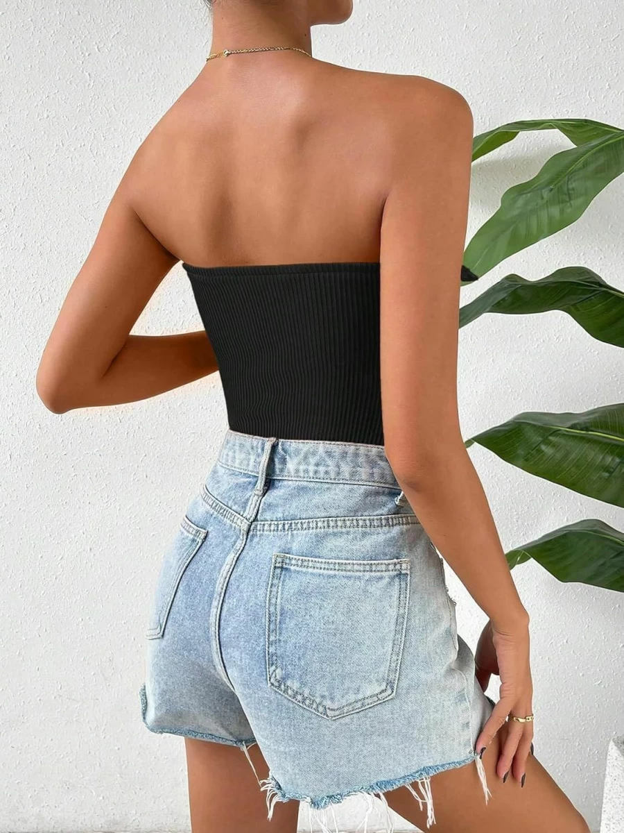 SHENHE Women's Ribbed Strapless Tube Top - Cute Fitted Knit Bodysuit with Ruffle Trim for Summer Fashion