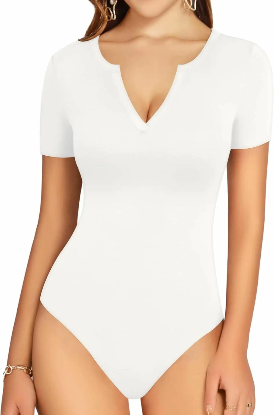 MANGOPOP Women's Casual V-Neck Short Sleeve Bodysuit - Stretchy Fitted T-Shirt Tops for Women