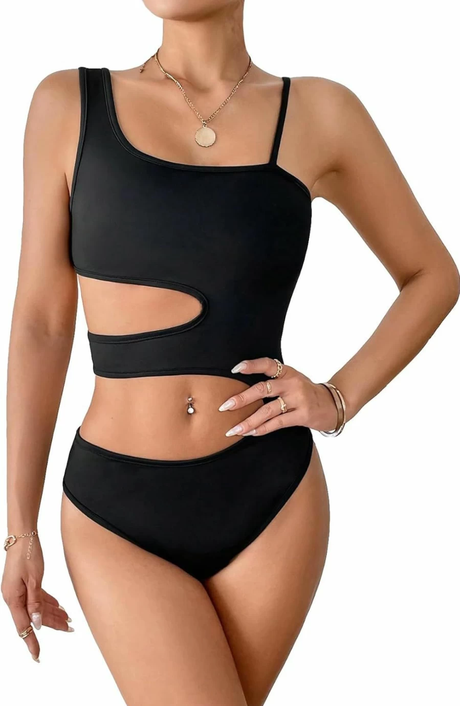 OYOANGLE Women's Slim Fit Solid Casual Cami Top - Cut Out Asymmetrical Neck Sleeveless Bodysuit Shirt