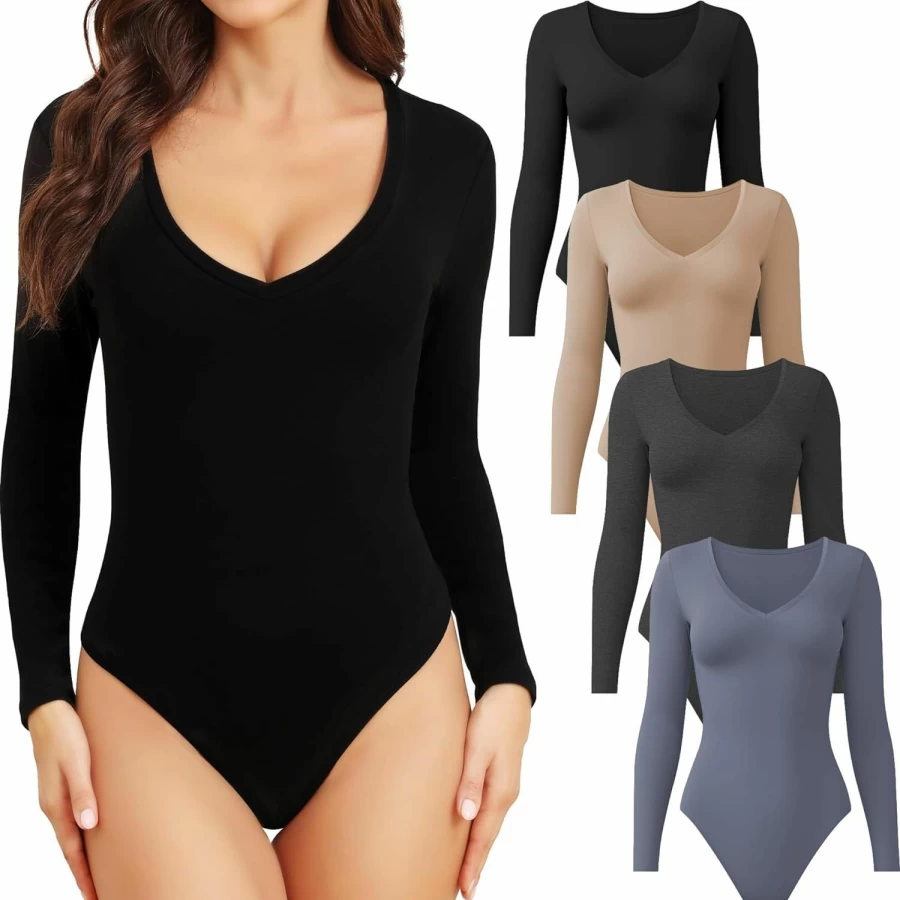 CE' CERDR Women's 4-Pack Long Sleeve Bodysuit Tops - Stretchy Deep V-Neck Basic Body Suits for Women
