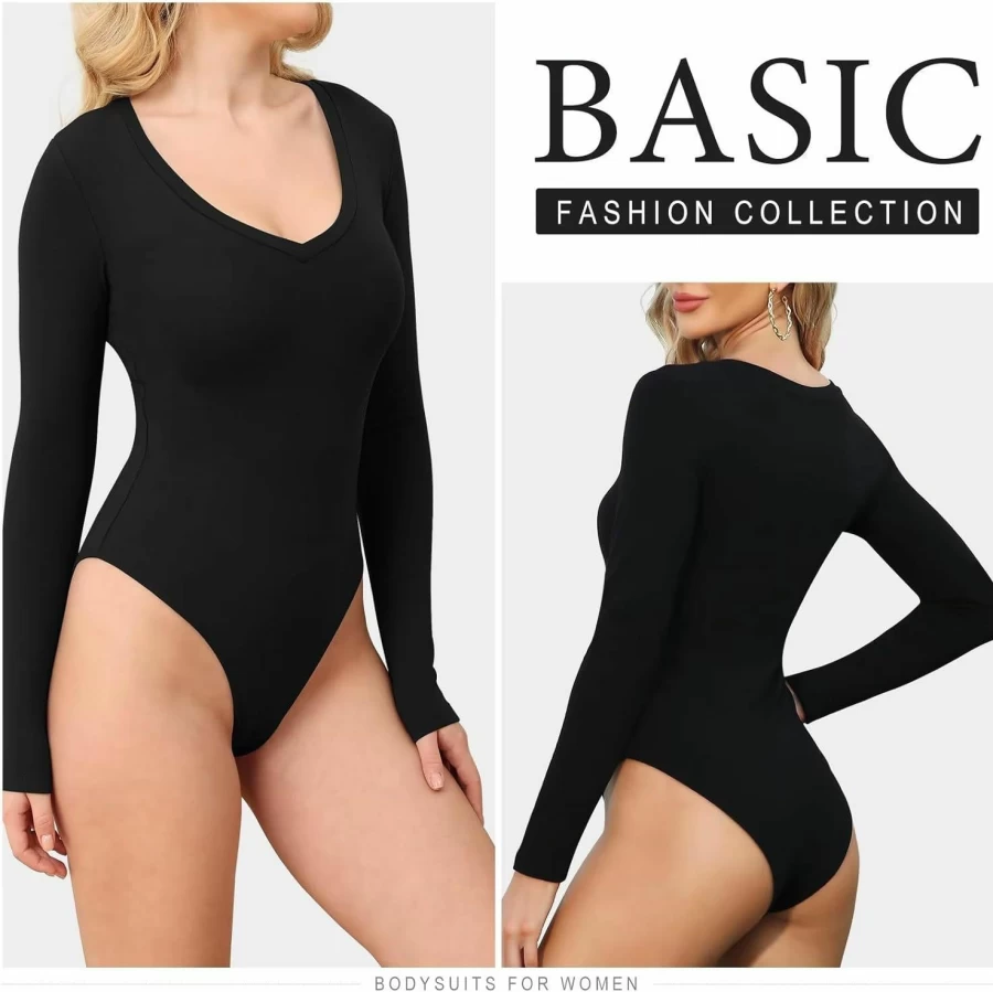 CE' CERDR Women's 4-Pack Long Sleeve Bodysuit Tops - Stretchy Deep V-Neck Basic Body Suits for Women