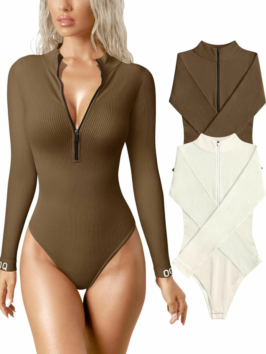 OQQ Women's Sexy Ribbed Zip-Front Bodysuit 2-Piece Set Long Sleeve One Piece Tops