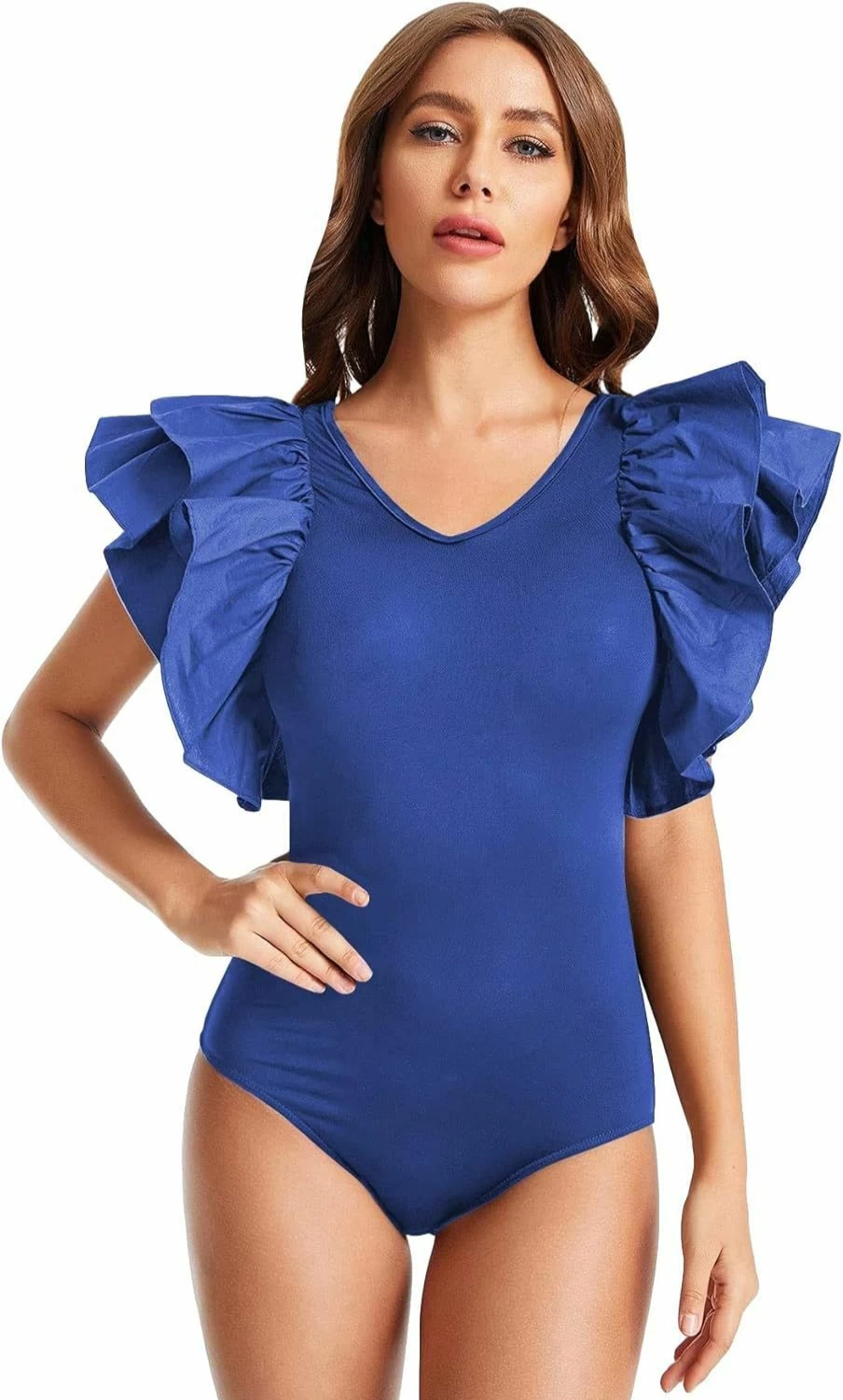 OYOANGLE Women's V-Neck Ruffle Bodysuit - Short Sleeve Bodycon Shirt for Women - Solid Color Layered Tops